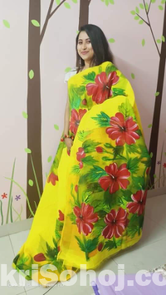 Half Silk Saree With Hand Print